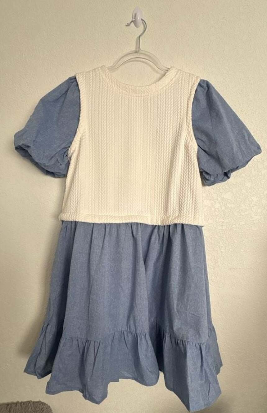 VOY Women's Mixed Media Puff Sleeve Tiered Mini Dress in Blue and Cream